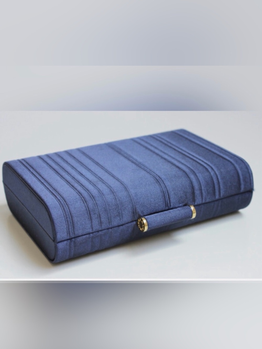 Derek Lam clutch blue like new 2014 satin collection holds 3 lipsticks gold clos